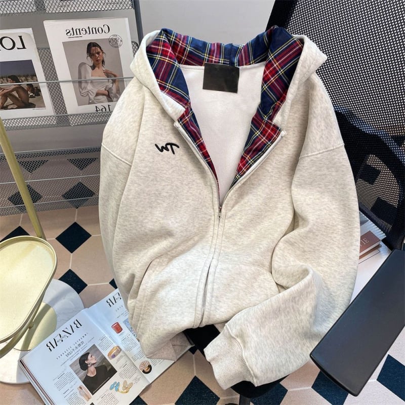 Ženski kardigan s kapuljom i zipom, širok kroj, karirani uzorak, dugi rukavi, poliester, za proljeće i jesen, casual stil