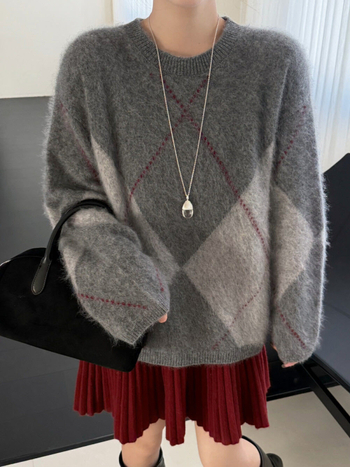 Ženski vuneni džemper s dijamantnim uzorkom, 95% vuna, okrugli izrez, dugi rukavi, debeli, brushed tekstura, normalna dužina, japansko-korejski casual