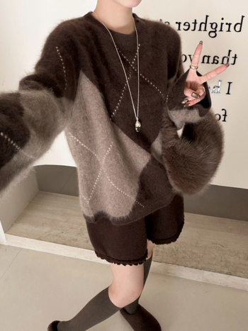 Ženski vuneni džemper s dijamantnim uzorkom, 95% vuna, okrugli izrez, dugi rukavi, debeli, brushed tekstura, normalna dužina, japansko-korejski casual