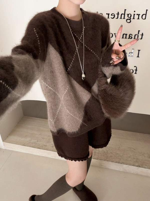 Ženski vuneni džemper s dijamantnim uzorkom, 95% vuna, okrugli izrez, dugi rukavi, debeli, brushed tekstura, normalna dužina, japansko-korejski casual