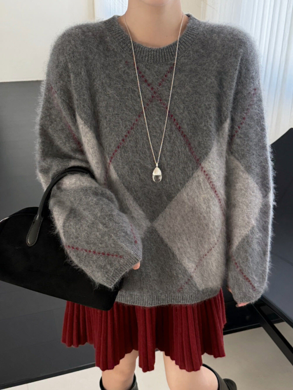 Ženski vuneni džemper s dijamantnim uzorkom, 95% vuna, okrugli izrez, dugi rukavi, debeli, brushed tekstura, normalna dužina, japansko-korejski casual