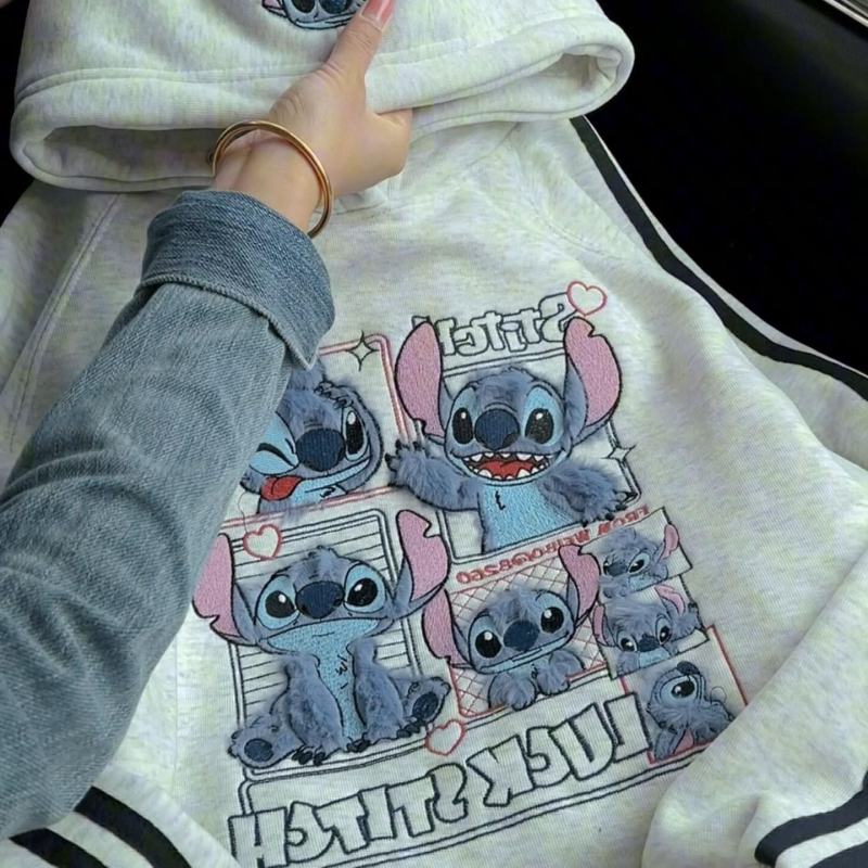 Stitch hoodies dukserica za žene – flis podstava, debela, kapuljača, Raglan rukavi, slobodan kroj, japansko-korejski opušten stil, vezenje, 90–95% pamuka, Zima 2025