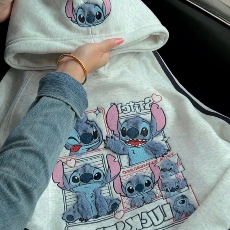 Stitch hoodies dukserica za žene – flis podstava, debela, kapuljača, Raglan rukavi, slobodan kroj, japansko-korejski opušten stil, vezenje, 90–95% pamuka, Zima 2025