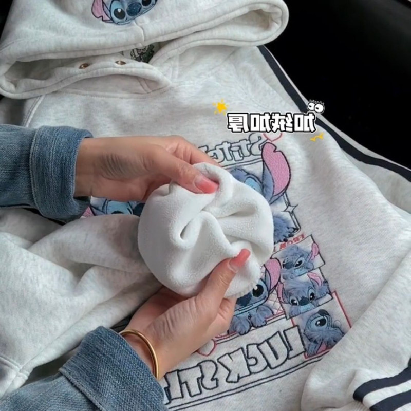 Stitch hoodies dukserica za žene – flis podstava, debela, kapuljača, Raglan rukavi, slobodan kroj, japansko-korejski opušten stil, vezenje, 90–95% pamuka, Zima 2025