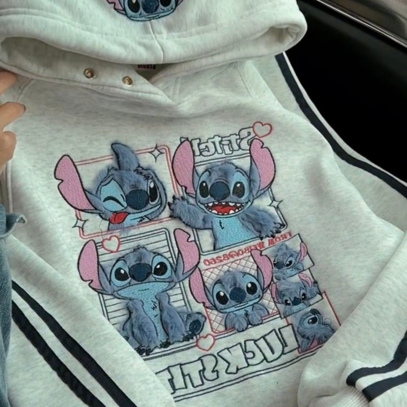 Stitch hoodies dukserica za žene – flis podstava, debela, kapuljača, Raglan rukavi, slobodan kroj, japansko-korejski opušten stil, vezenje, 90–95% pamuka, Zima 2025