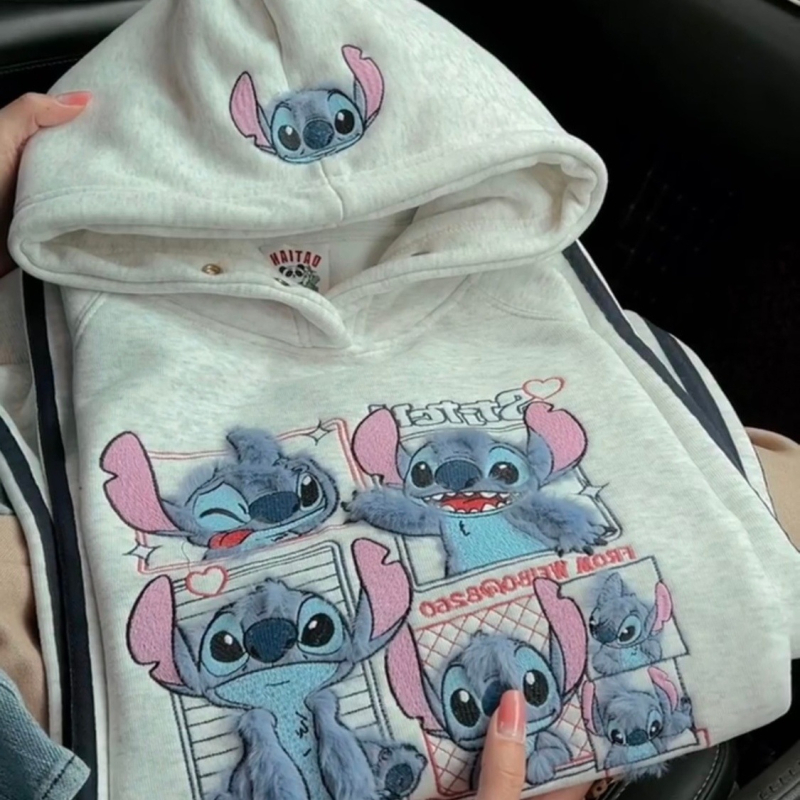 Stitch hoodies dukserica za žene – flis podstava, debela, kapuljača, Raglan rukavi, slobodan kroj, japansko-korejski opušten stil, vezenje, 90–95% pamuka, Zima 2025