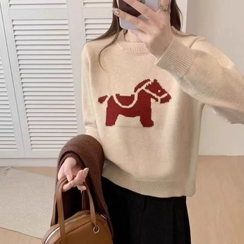 Ženski kapuljački pleteni pulover od ovčje vune, debeli materijal, široki kroj, životinjski uzorak, zaobljeni izrez, dugi rukavi (Jesen/Zima 2025)