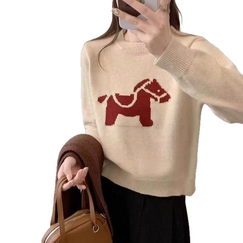 Ženski kapuljački pleteni pulover od ovčje vune, debeli materijal, široki kroj, životinjski uzorak, zaobljeni izrez, dugi rukavi (Jesen/Zima 2025)