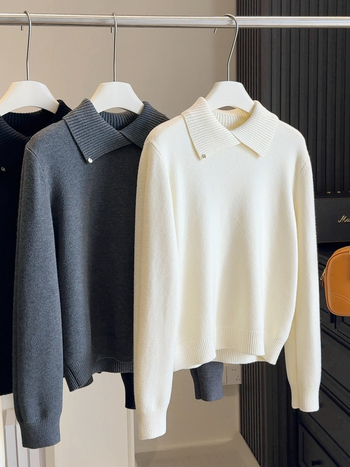 Ženski pleteni džemper s reverom, dugi rukavi, širok kroj, poliester, jednobojni