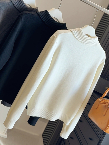 Ženski pleteni džemper s reverom, dugi rukavi, širok kroj, poliester, jednobojni