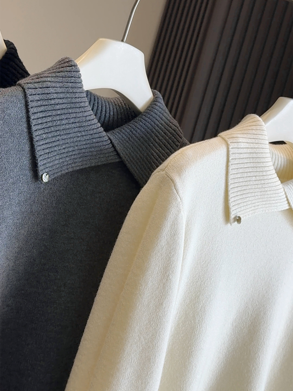 Ženski pleteni džemper s reverom, dugi rukavi, širok kroj, poliester, jednobojni