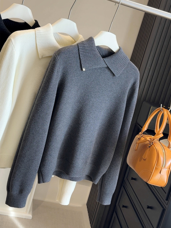 Ženski pleteni džemper s reverom, dugi rukavi, širok kroj, poliester, jednobojni