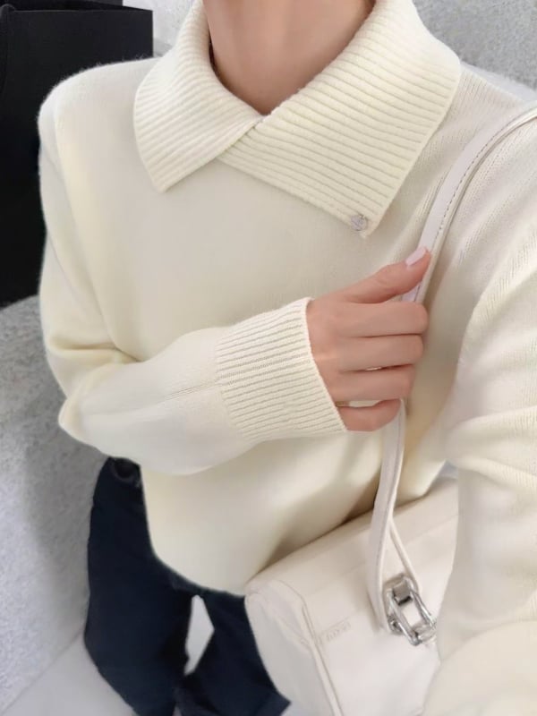 Ženski pleteni džemper s reverom, dugi rukavi, širok kroj, poliester, jednobojni