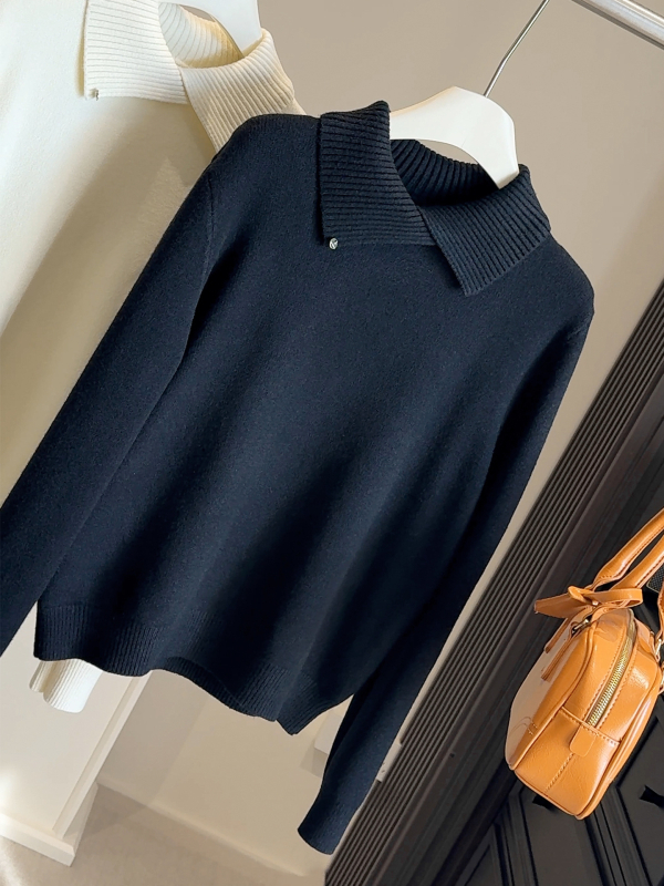 Ženski pleteni džemper s reverom, dugi rukavi, širok kroj, poliester, jednobojni