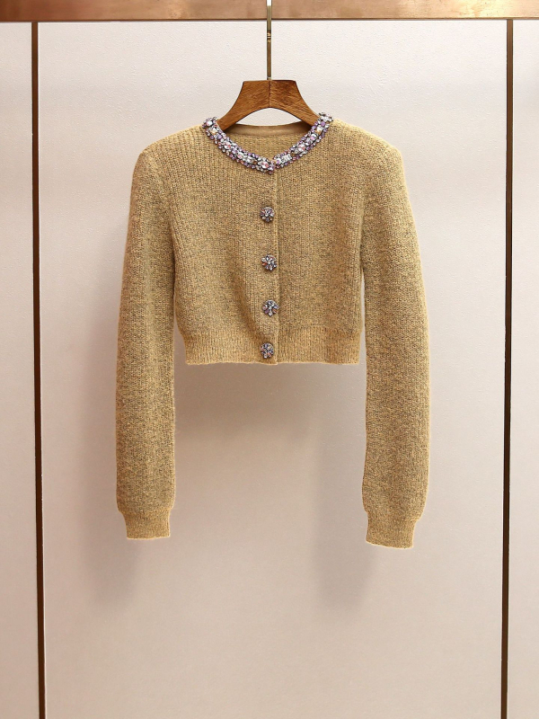 Džemper cardigan – francuski chic stil, okrugli izrez, dugi rukavi, kratka duljina, 95% poliester pleteni materijal