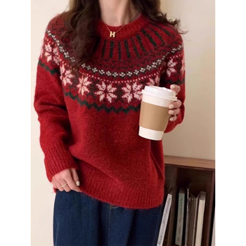 Pulover s geometrijskim uzorkom, umjetni kašmir (akril i poliester), debeli pleteni džemper, okrugli izrez, dugi rukavi, ležeran kroj