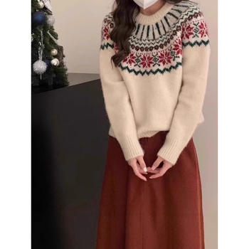 Pulover s geometrijskim uzorkom, umjetni kašmir (akril i poliester), debeli pleteni džemper, okrugli izrez, dugi rukavi, ležeran kroj