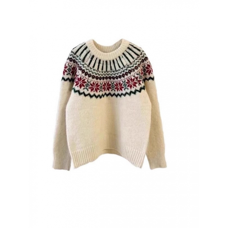 Pulover s geometrijskim uzorkom, umjetni kašmir (akril i poliester), debeli pleteni džemper, okrugli izrez, dugi rukavi, ležeran kroj