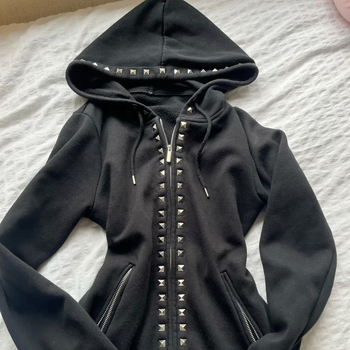 Gotički Harajuku Y2K hoodie sa zipom, kapuljačom, uzorom lubanje, uski kroj, pamuk-polyester materijal