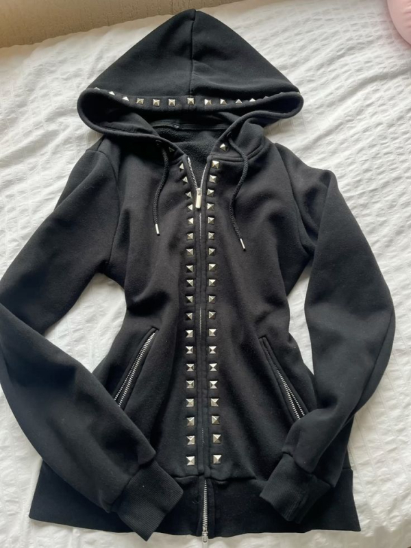 Gotički Harajuku Y2K hoodie sa zipom, kapuljačom, uzorom lubanje, uski kroj, pamuk-polyester materijal