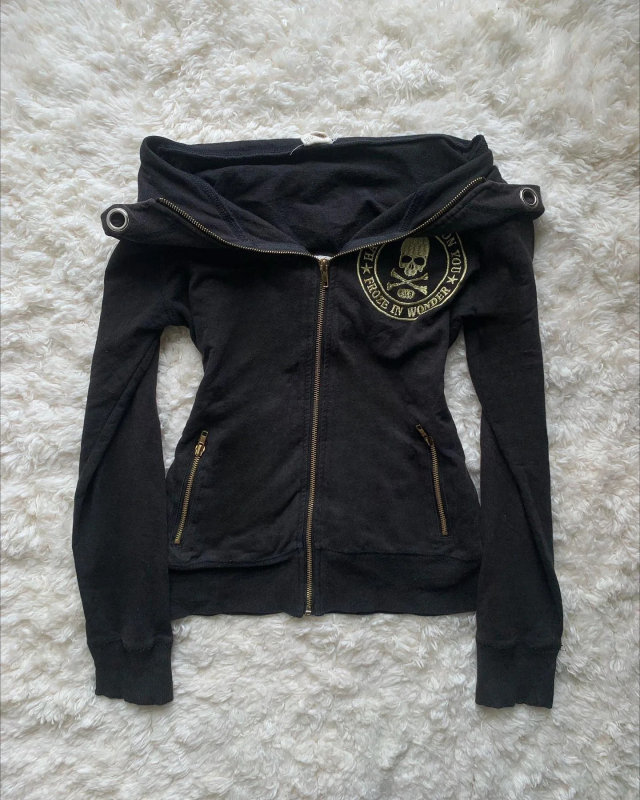 Gotički Harajuku Y2K hoodie sa zipom, kapuljačom, uzorom lubanje, uski kroj, pamuk-polyester materijal