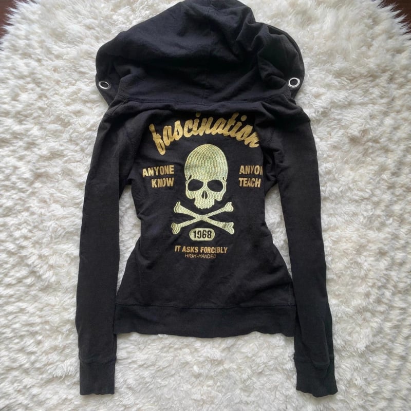 Gotički Harajuku Y2K hoodie sa zipom, kapuljačom, uzorom lubanje, uski kroj, pamuk-polyester materijal