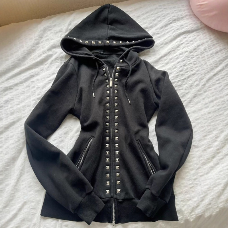 Gotički Harajuku Y2K hoodie sa zipom, kapuljačom, uzorom lubanje, uski kroj, pamuk-polyester materijal