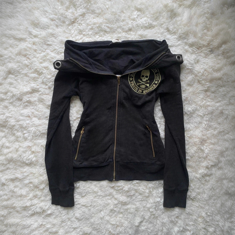 Gotički Harajuku Y2K hoodie sa zipom, kapuljačom, uzorom lubanje, uski kroj, pamuk-polyester materijal