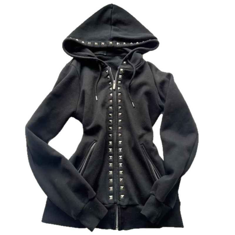 Gotički Harajuku Y2K hoodie sa zipom, kapuljačom, uzorom lubanje, uski kroj, pamuk-polyester materijal