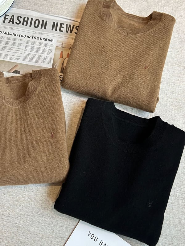 Džemper od vune i kašmira, pleteni, jednobojni uzorak, okrugli ovratnik, dugi rukavi