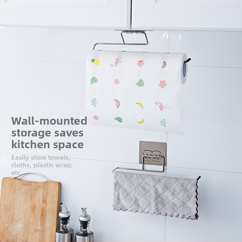 Raft de prosoape din oțel inoxidabil montat pe perete – fără găuri; pentru baie și bucătărie; ține prosoape, șervețele umede și folie plastică