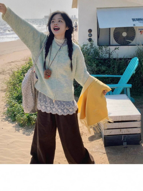 Damski debeli pleteni kardigan s dvostrukim zatvaračem, okrugli izrez, dugi rukavi, jednobojni dizajn