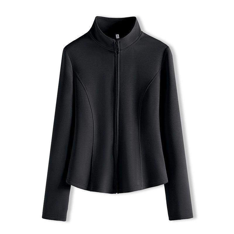 Dvostruka baršunasta joga jakna za jesen-zimu, uski kroj, zatvarač, stojeći ovratnik, 70–80% poliestera