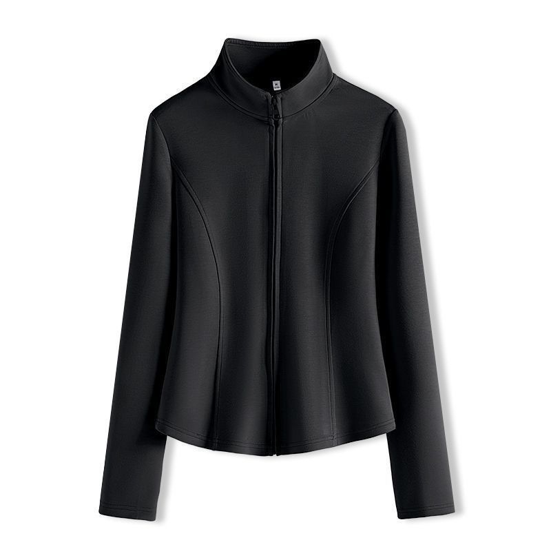 Dvostruka baršunasta joga jakna za jesen-zimu, uski kroj, zatvarač, stojeći ovratnik, 70–80% poliestera