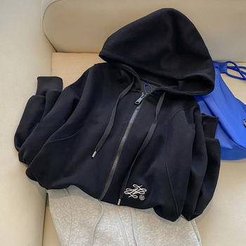 Kardigan s kapuljom i zipom, izvešena slova, širok kroj, pamukasta tkanina, korejski stil