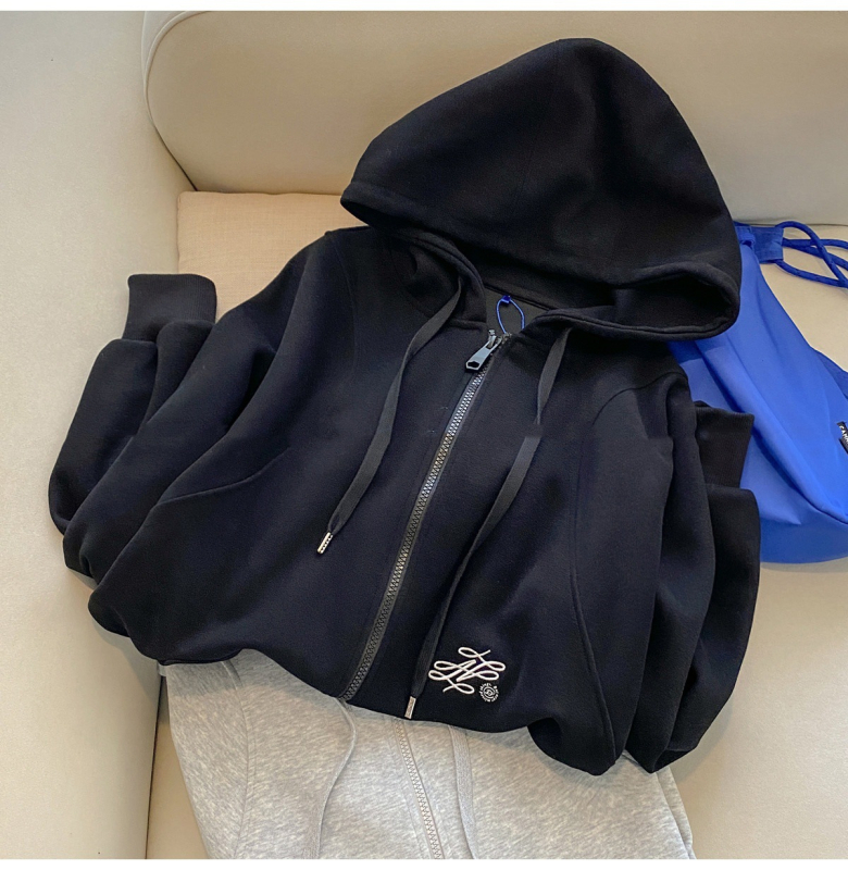 Kardigan s kapuljom i zipom, izvešena slova, širok kroj, pamukasta tkanina, korejski stil