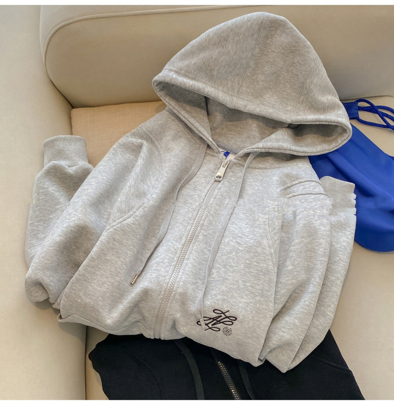 Kardigan s kapuljom i zipom, izvešena slova, širok kroj, pamukasta tkanina, korejski stil