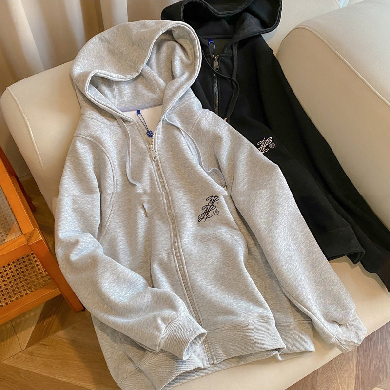 Kardigan s kapuljom i zipom, izvešena slova, širok kroj, pamukasta tkanina, korejski stil