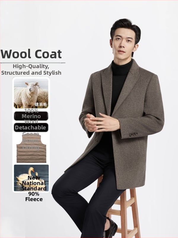 Muški reverzibilni kaput od 100% vune s podstavom od perja, ovratnik sakoa, jednostruki zatvarač