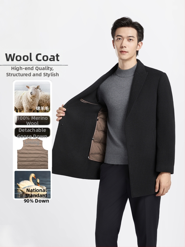 Muški reverzibilni kaput od 100% vune s podstavom od perja, ovratnik sakoa, jednostruki zatvarač