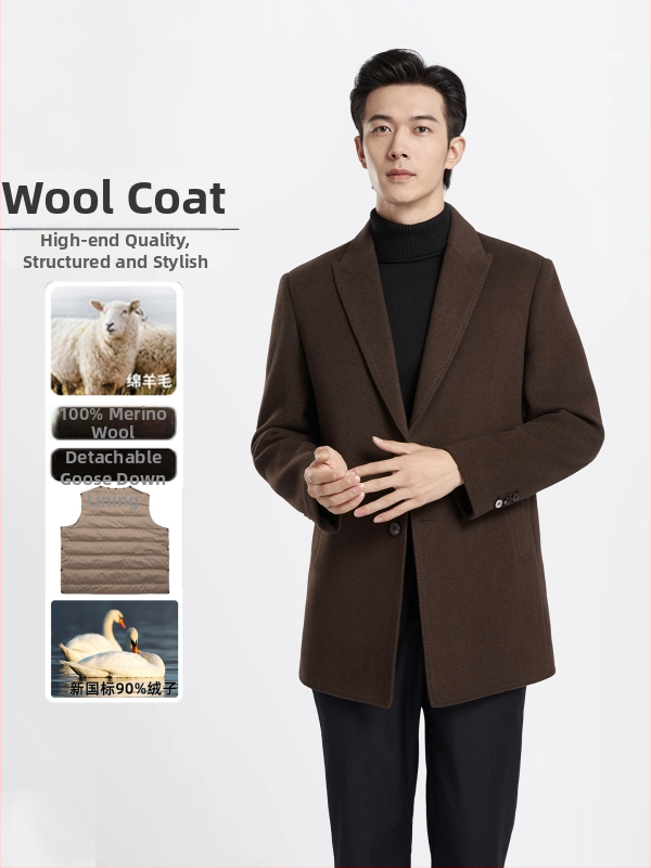 Muški reverzibilni kaput od 100% vune s podstavom od perja, ovratnik sakoa, jednostruki zatvarač