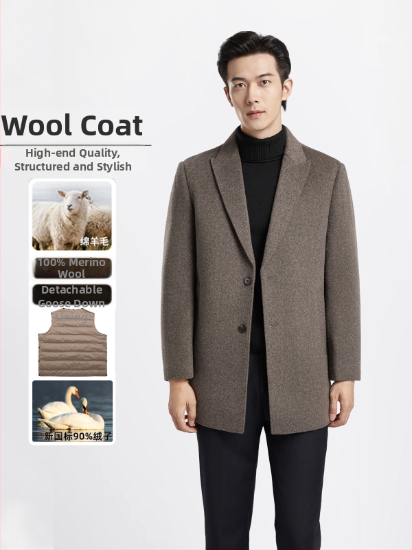 Muški reverzibilni kaput od 100% vune s podstavom od perja, ovratnik sakoa, jednostruki zatvarač