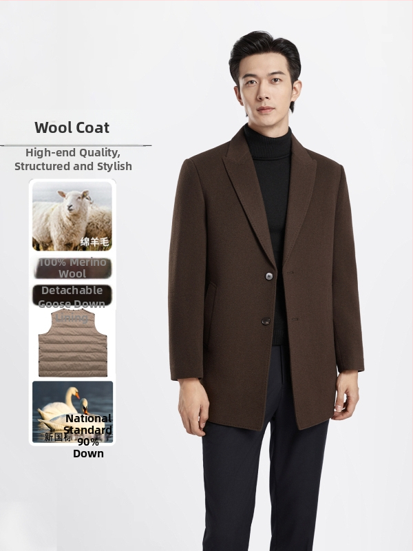 Muški reverzibilni kaput od 100% vune s podstavom od perja, ovratnik sakoa, jednostruki zatvarač