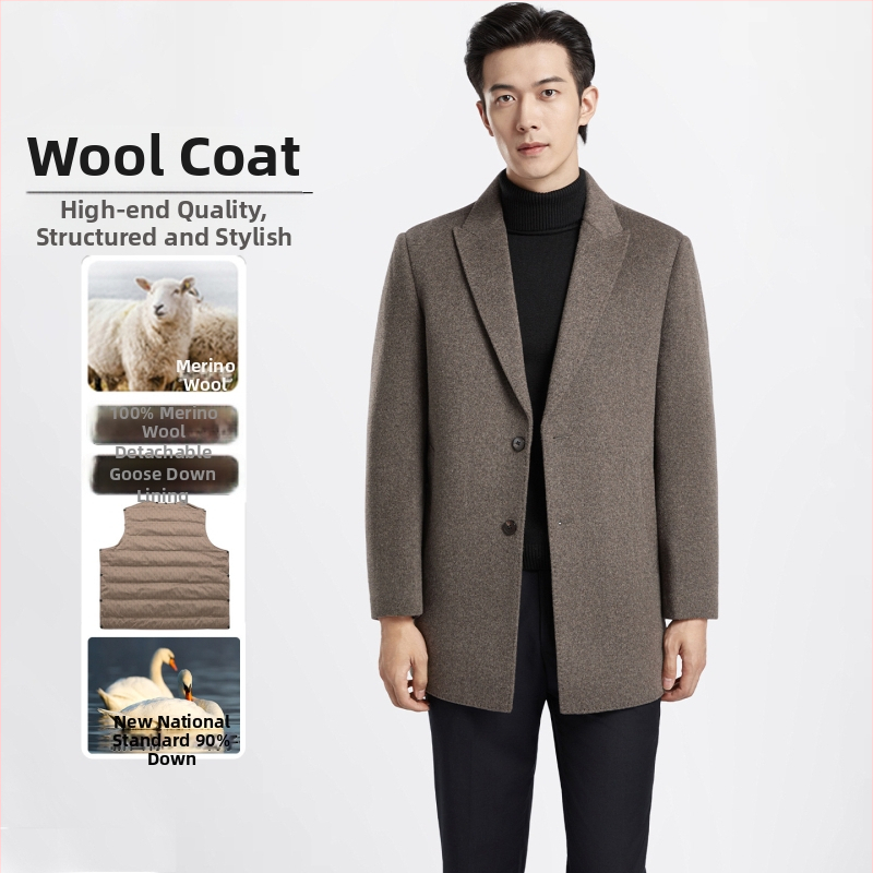 Muški reverzibilni kaput od 100% vune s podstavom od perja, ovratnik sakoa, jednostruki zatvarač