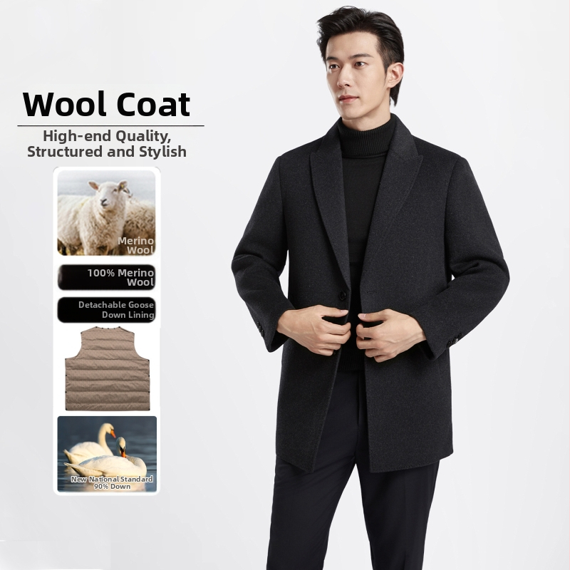 Muški reverzibilni kaput od 100% vune s podstavom od perja, ovratnik sakoa, jednostruki zatvarač