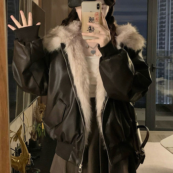 Jakna od umjetne kože, V-izrez, Slim fit, Patchwork, umjetna krzna