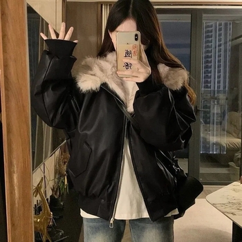 Jakna od umjetne kože, V-izrez, Slim fit, Patchwork, umjetna krzna