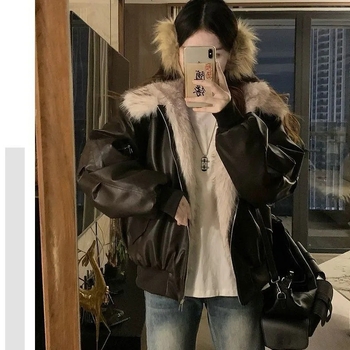 Jakna od umjetne kože, V-izrez, Slim fit, Patchwork, umjetna krzna