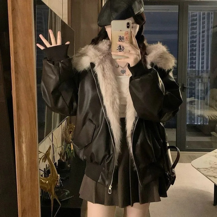 Jakna od umjetne kože, V-izrez, Slim fit, Patchwork, umjetna krzna