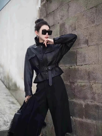 Ženska kožna jakna od ovčje kože sa strukom, casual stil, rever ovratnik, dugi rukav, jesen 2025